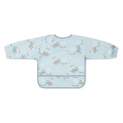 Light blue long-sleeve baby bib with airplane print and gray binding