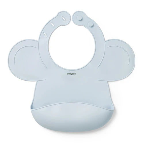 Blue silicone bib with adjustable lock, round neck and scoop pocket