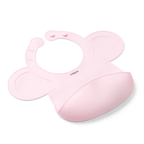 Pink silicone baby bib with adjustable neck lock, front bib and support tabs