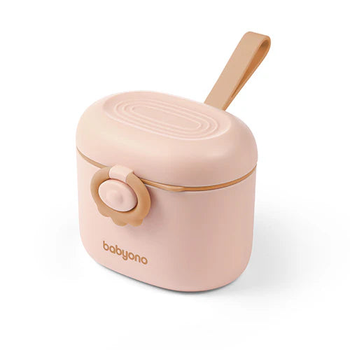 Beige portable milk powder dispenser with latch handle and extended pouring lid