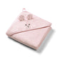 Pink bamboo hooded towel with bunny face and ears, folded 100x100cm