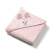 Pink bamboo hooded towel with bunny face and ears, folded 100x100cm