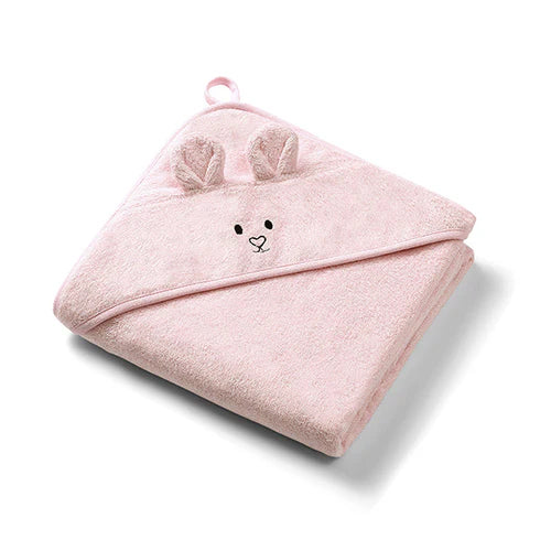 Pink bamboo hooded towel with bunny face and ears, folded 100x100cm