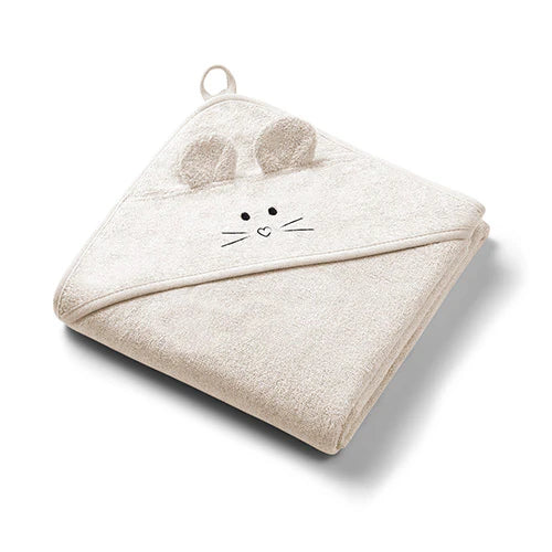 Beige hooded bamboo towel with mouse face detail and hanging loop
