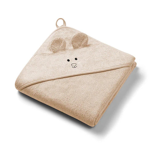 Beige hooded baby towel with small face appliqué and carrying loop