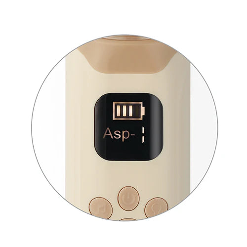 Electronic nasal aspirator control screen and buttons on beige handle