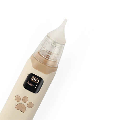 Electronic nasal aspirator with clear suction tip and beige control panel