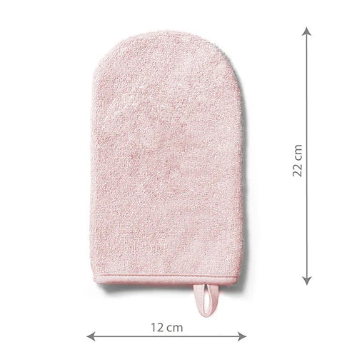 Pink bamboo baby wash mitt with 22 cm height and 12 cm width