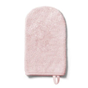 Pink bamboo baby wash mitt with rounded terry face and hanging loop strap
