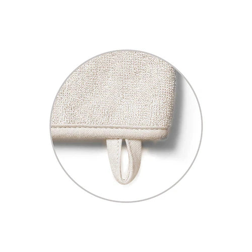 Natural bamboo wash mitt light grey close-up with hanging loop and stitched edge