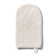 Natural bamboo wash mitt in light grey with looped hanging strap