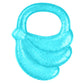 Blue banana-shaped gel teether with oval ring handle