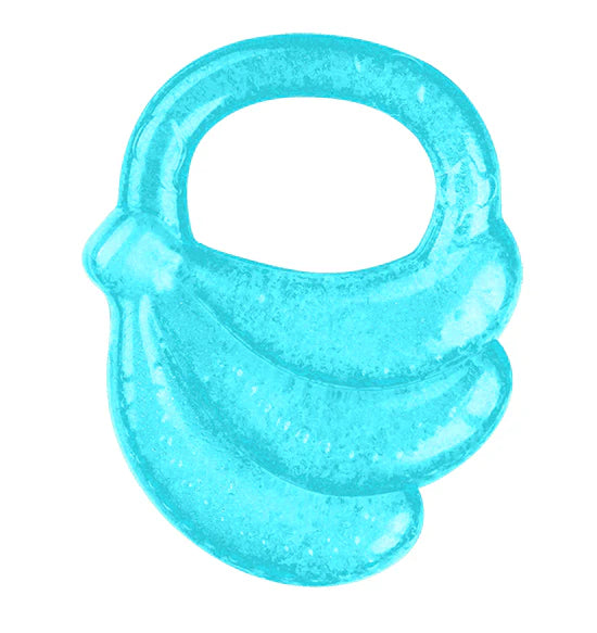 Blue banana-shaped gel teether with oval ring handle