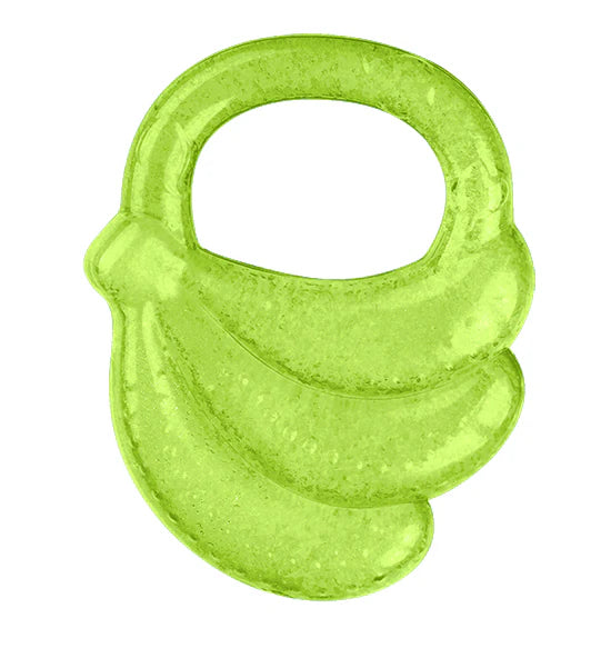 Green banana-shaped gel teether with oval ring handle