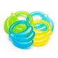 Banana-shaped gel teether with green, teal, and blue rings