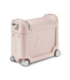 Portable kids bedbox in pink with gray wheels and a rounded front carry handle