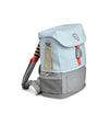 Light blue kids crew backpack with top flap, gray base, front pocket straps