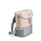 Pink kids crew backpack with top flap, gray bottom panel, side handle