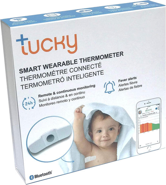 Smart wearable connected thermometer packaging with sensor and app preview