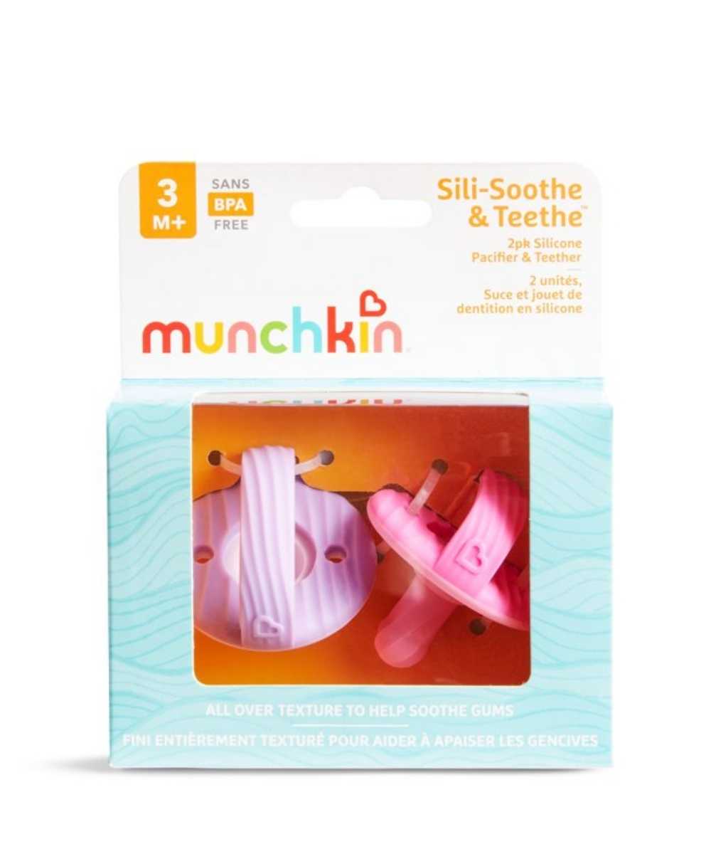 Munchkin Sili-Soothe & Teethe Silicone Pacifier & Teether Pink/Purple - 2 Pack | Mamas & Papas, Babies, Nursing, Teether