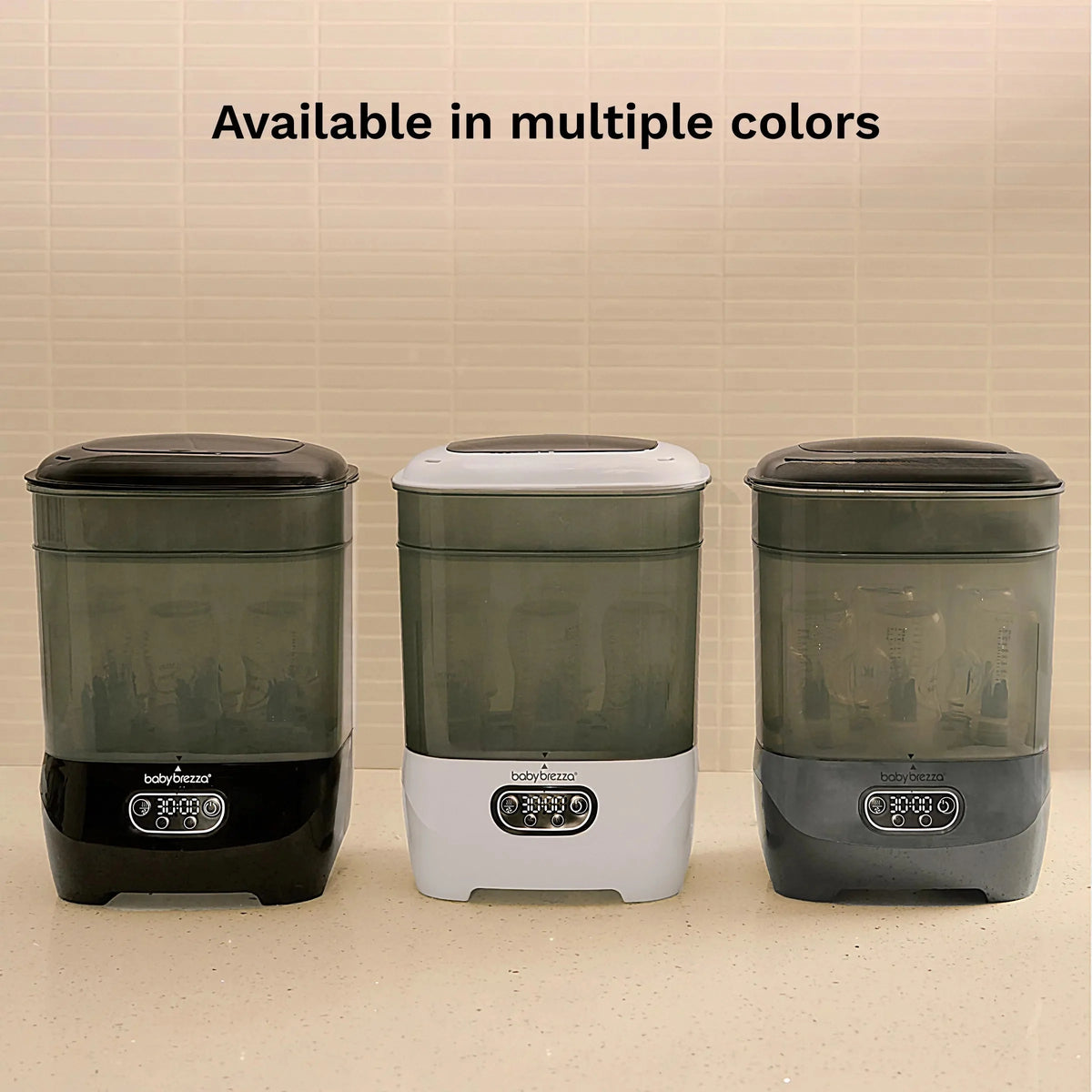 Baby bottle sterilizer dryer in multiple colors: black, white, and dark gray