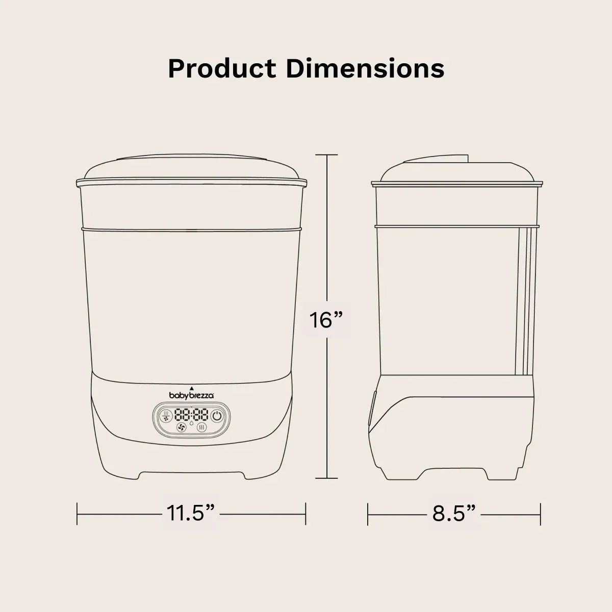 Sterilizer dryer product dimensions diagram with front and side measurements