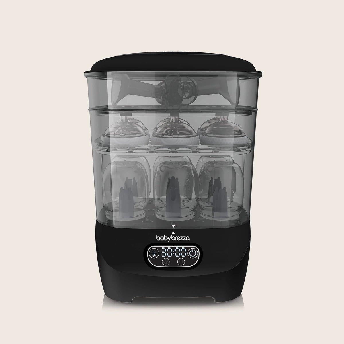 Black-accent sterilizer dryer with clear chamber showing bottle racks, front view