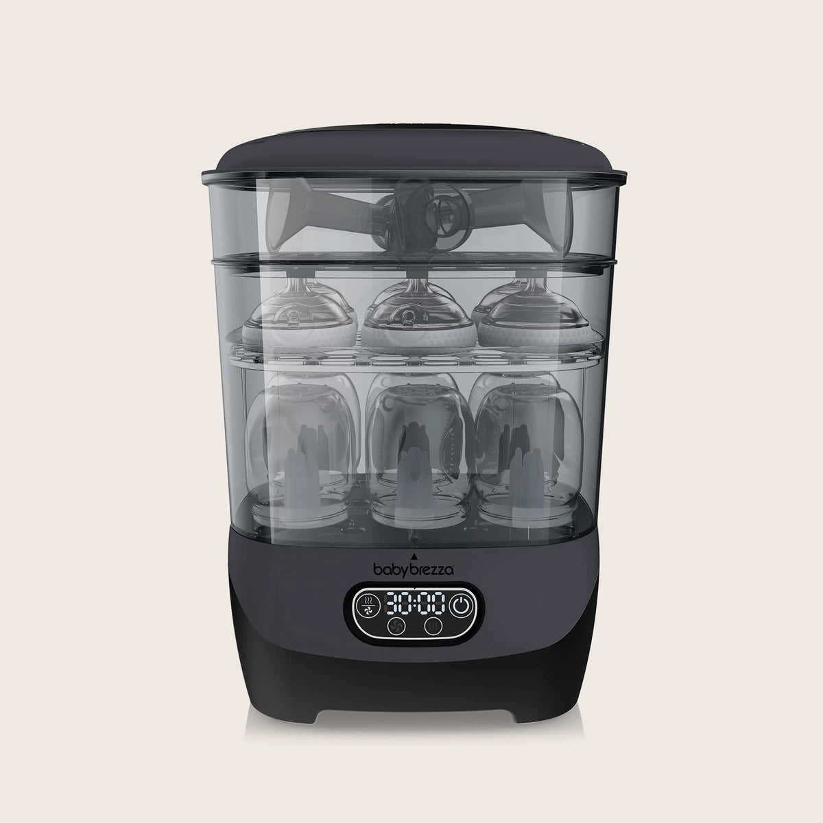 Sterilizer dryer with dark base and clear chamber, showing bottle racks, front view