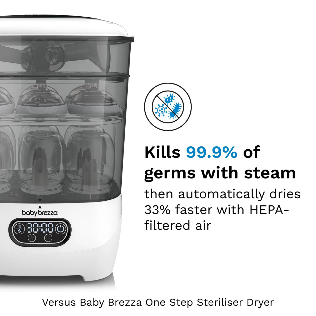 White sterilizer dryer front view with steam and germ-kill icon badge