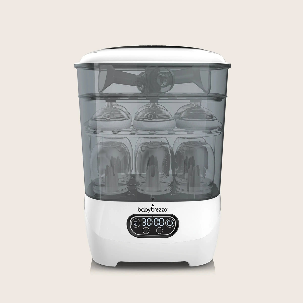 Baby bottle sterilizer dryer with clear countertop chamber and black top lid