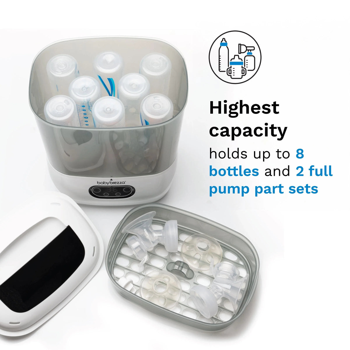 Baby bottle sterilizer dryer with transparent chamber holding bottles and pump parts