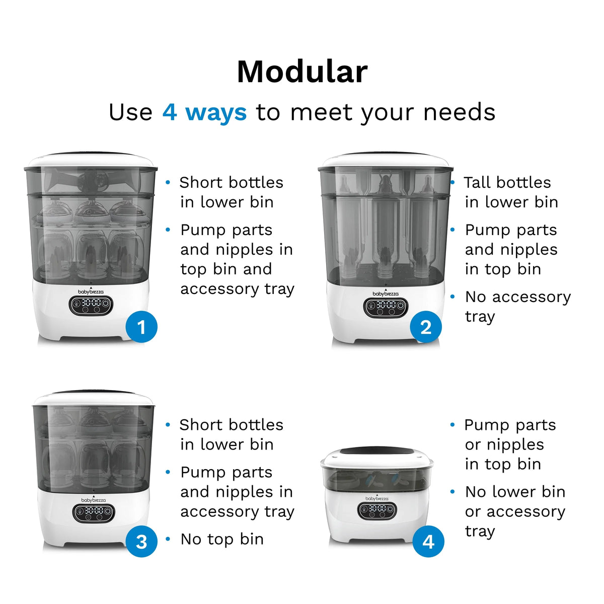 Modular baby bottle sterilizer dryer with four loading positions