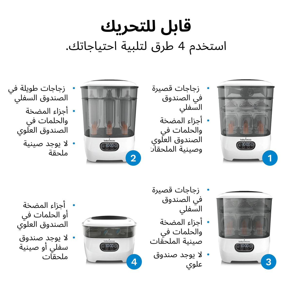 Baby sterilizer dryer showing four tray configurations for bottles and accessories