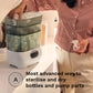 Baby sterilizer dryer unit with hand loading bottles and pump parts into chamber