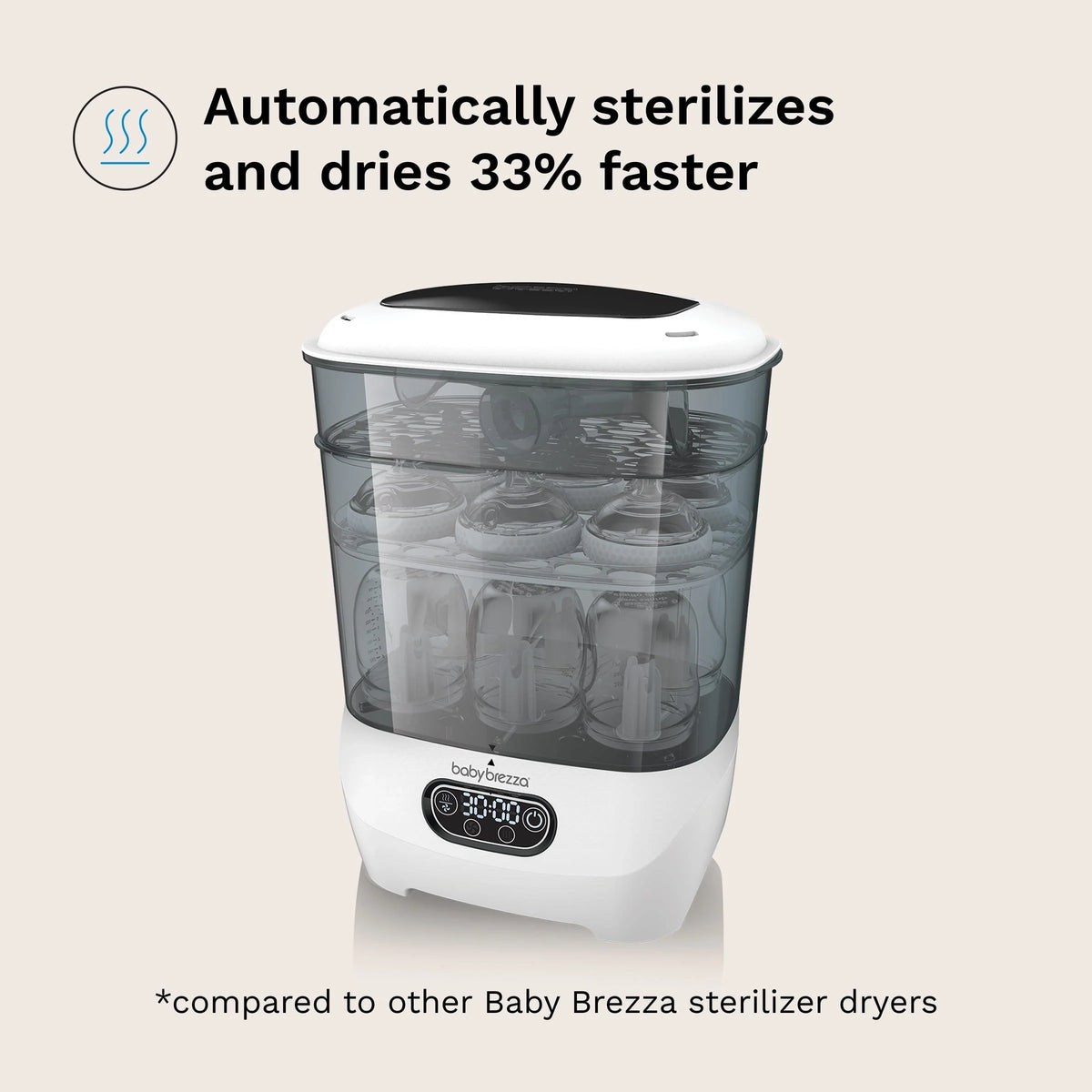 Baby bottle sterilizer dryer with see-through drum and front control panel, white body