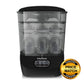 Baby bottle sterilizer dryer with clear top and black base, bottles inside.