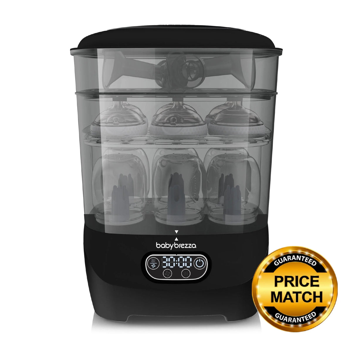 Baby bottle sterilizer dryer with clear top and black base, bottles inside.