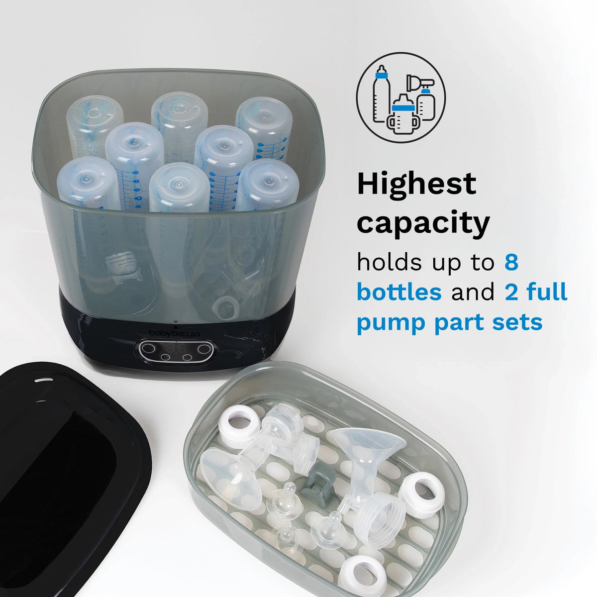 Sterilizer dryer holding up to 8 bottles and pump part sets, accessories shown.