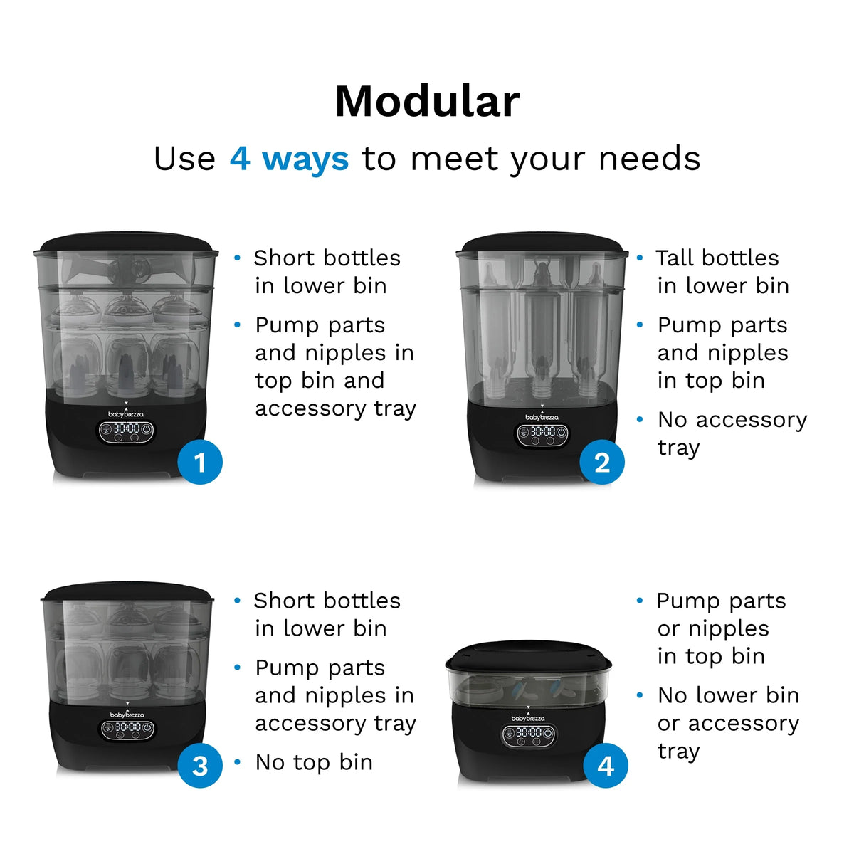 Modular baby bottle sterilizer dryer with clear chamber and numbered loading options