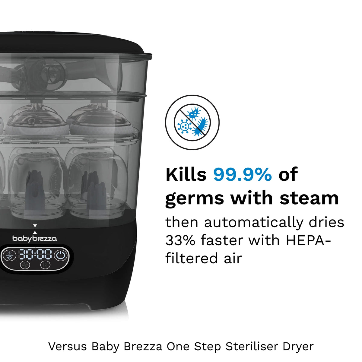 Baby bottle sterilizer and dryer with transparent chamber, black base, and control panel