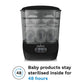 Baby bottle sterilizer and dryer with clear top chamber holding multiple bottles