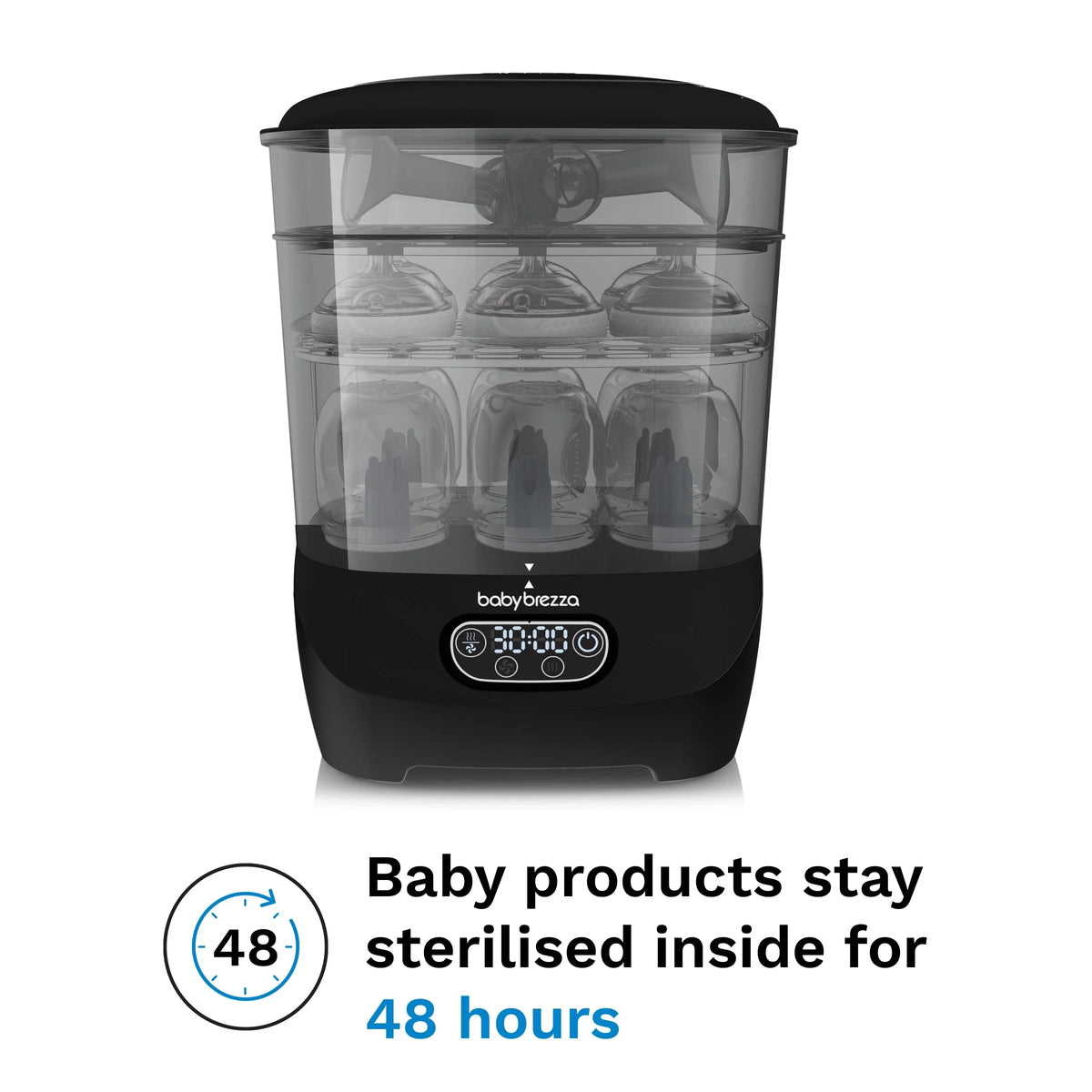 Baby bottle sterilizer and dryer with clear top chamber holding multiple bottles