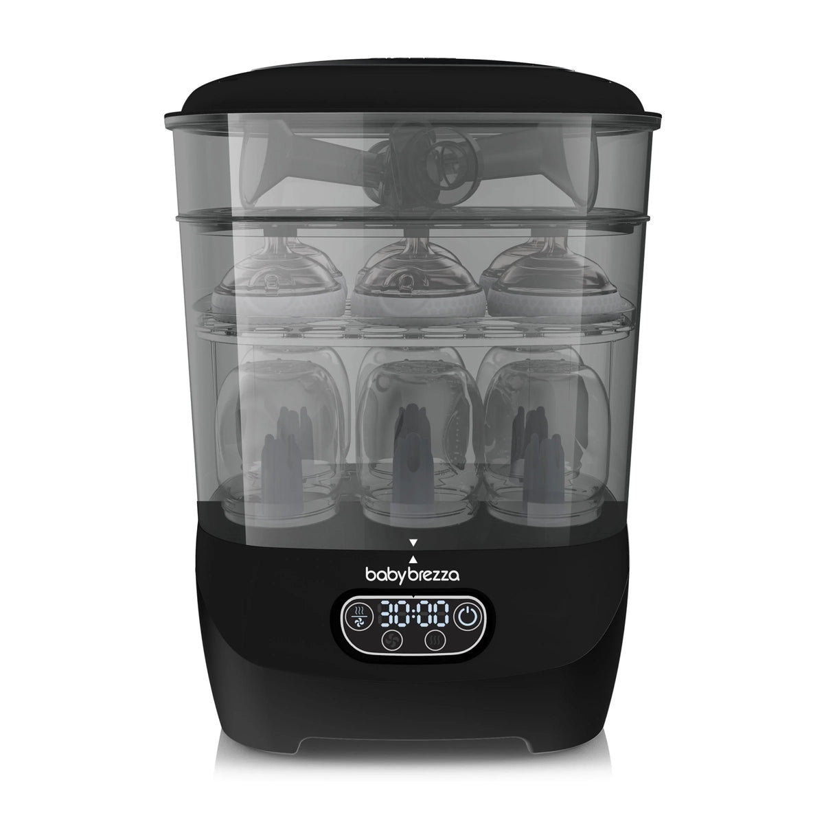 Baby bottle sterilizer and dryer with clear chamber and multiple bottles inside black base