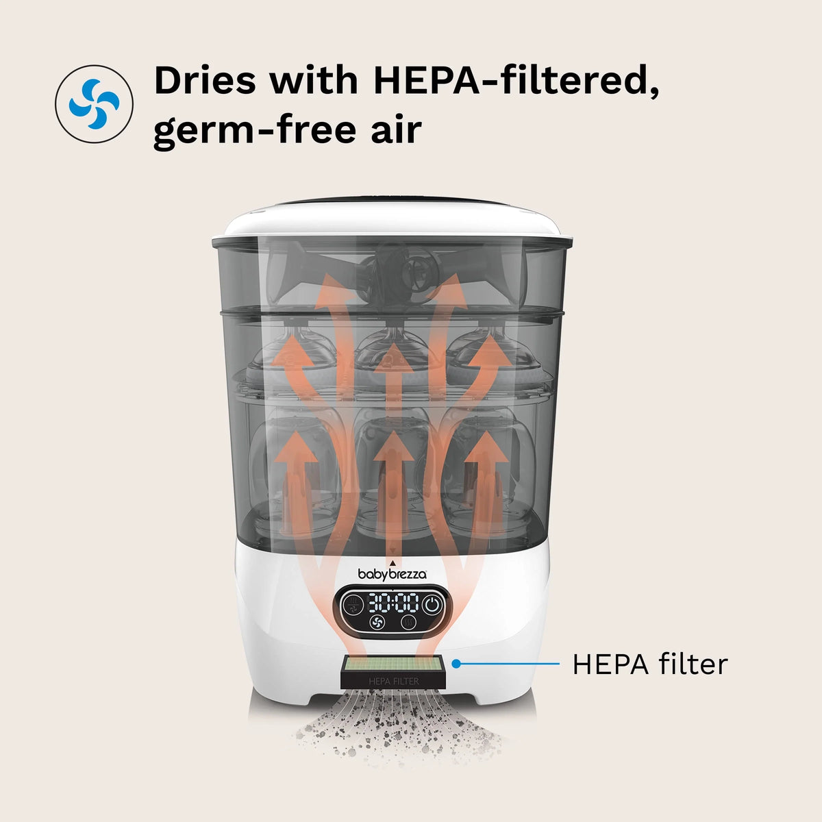 Baby bottle sterilizer dryer with HEPA filter area and see-through drum