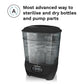 Baby bottle sterilizer and dryer with clear chamber, black lid, and bottles inside