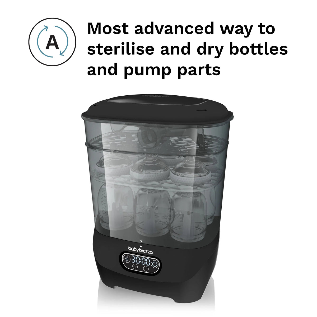 Baby bottle sterilizer and dryer with clear chamber, black lid, and bottles inside