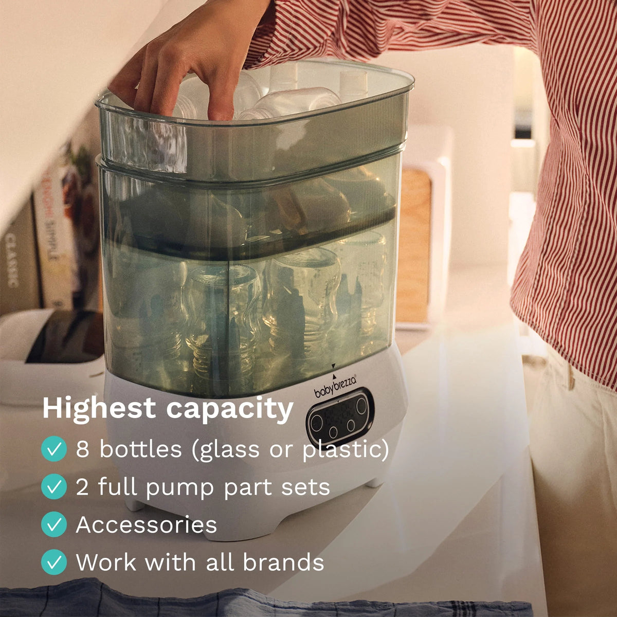 Baby bottle sterilizer dryer with large clear chamber and front control panel