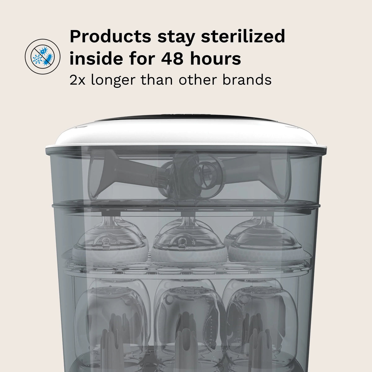 Baby bottle sterilizer dryer with top lid and transparent sterilizing chamber