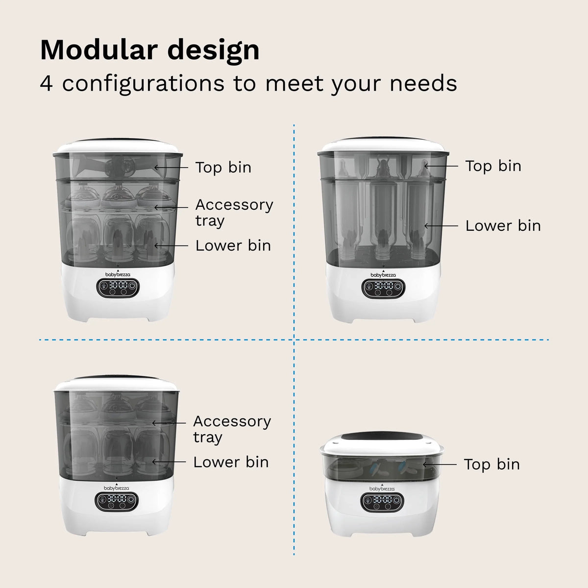 Baby bottle sterilizer dryer with modular top and lower bins and accessory tray