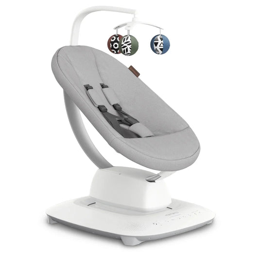 Mamaroo Stella grey mélange baby rocker with safety harness and hanging toys